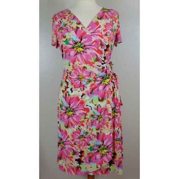 Fashion Bug Y2K Pink Floral Wrap Dress Womens Size XL Midi Cottagecore Boho Vtg - Picture 2 of 7